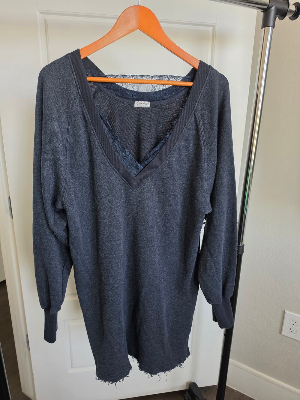 Free People Lace Trim Oversized V Neck Sweater Blue Size S